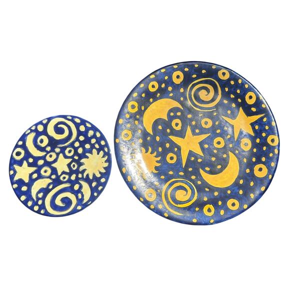 Talavera Mexican Folk Art Pottery Plates Sun Moon Stars Celestial Blue Yellow - Picture 1 of 6